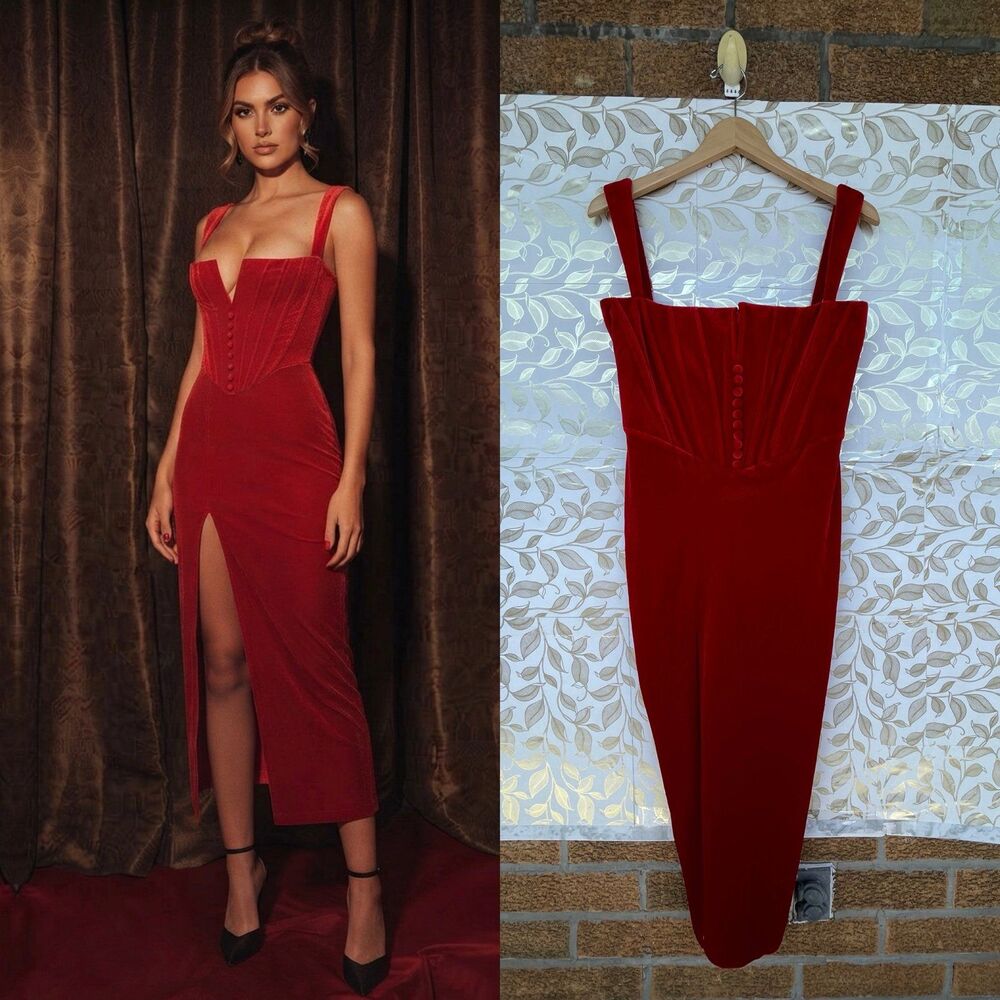Adeirlina Red Velvet Midi Dress Whimsigoth Glamorous Cocktail NWT large